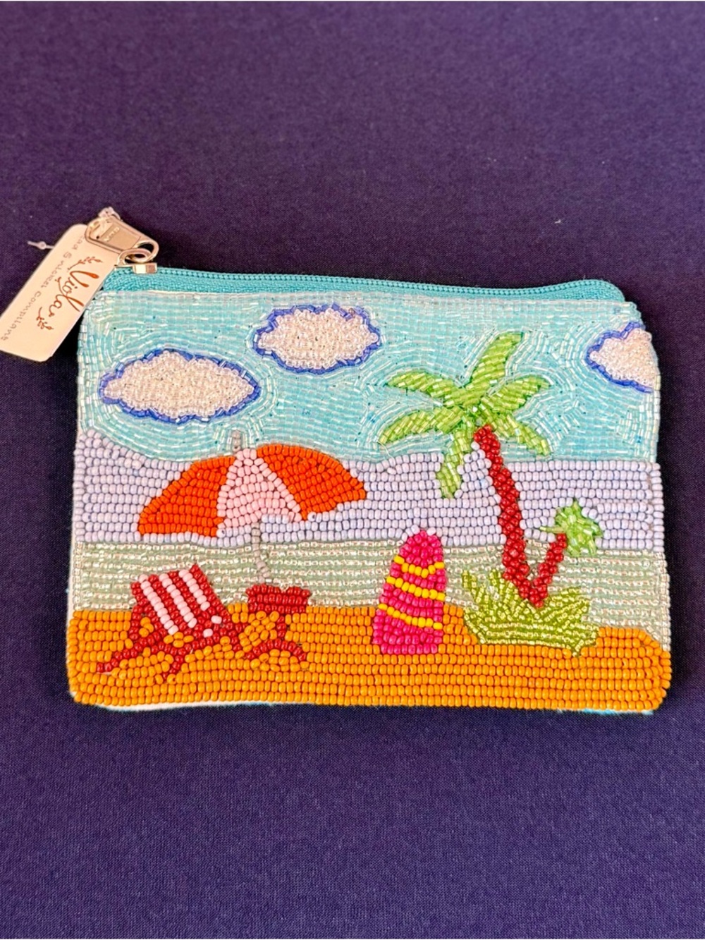 Beaded Beach Scene Coin Purse - Turquoise, Orange, Pink